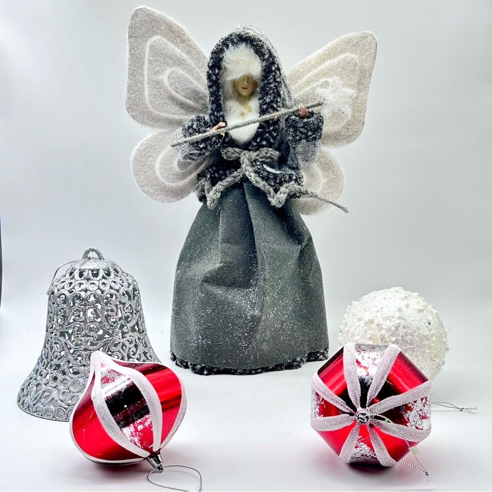 Vintage Angel Tree Topper and Ornaments Holiday Decor - 5 piece